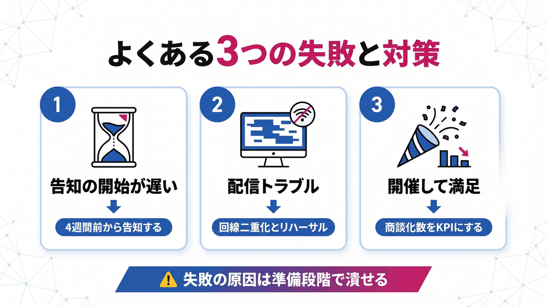 WEBセミナーでよくある3つの失敗と対策：告知の遅れ、配信トラブル、開催して満足