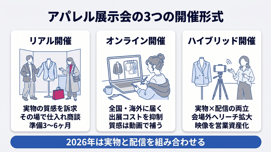 アパレル展示会の3つの開催形式:リアル・オンライン・ハイブリッドの特徴比較