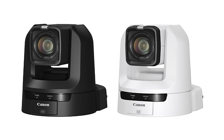 キヤノンの4K PTZカメラ CR-N300。ブラックとホワイトの2色モデルを並べた製品画像