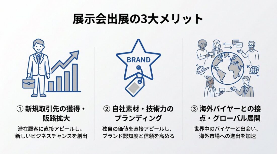 「展示会出展の3大メリット」を3つのイラストで示した図。①新規取引先の獲得・販路拡大（潜在顧客への直接アピールで新しいビジネスチャンスを創出）、②自社素材・技術力のブランディング（独自価値の訴求でブランド認知度と信頼を向上）、③海外バイヤーとの接点・グローバル展開（世界中のバイヤーと出会い海外進出を加速）。