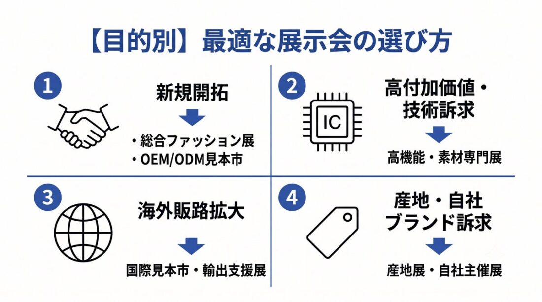 「【目的別】最適な展示会の選び方」を4象限で整理した図。①新規開拓→総合ファッション展・OEM/ODM見本市、②高付加価値・技術訴求→高機能・素材専門展、③海外販路拡大→国際見本市・輸出支援展、④産地・自社ブランド訴求→産地展・自社主催展。目的ごとに出展すべき展示会の種類を対応づけている。