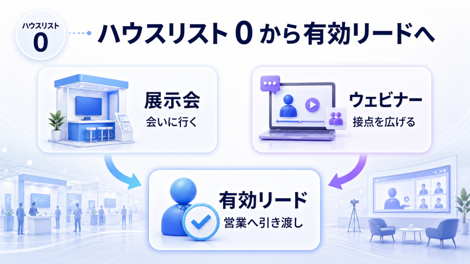ハウスリストゼロから、展示会とウェビナーの2経路で有効リードを獲得し営業へ引き渡す流れ。