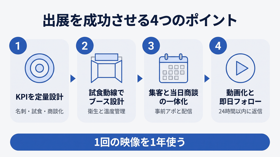 食品展示会の出展を成功させる4つのポイント:KPI設計、試食動線、集客と商談の一体化、動画化とフォロー