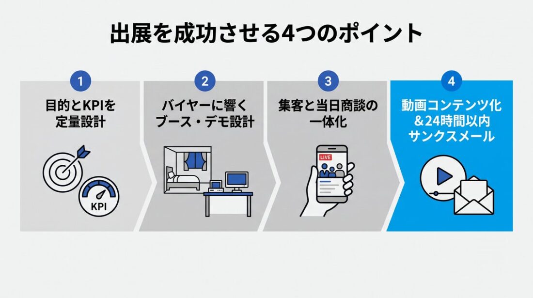 ホテル業界の展示会出展を成功させる4つのポイント(KPI定量設計・ブース/デモ設計・集客と当日商談の一体化・動画コンテンツ化&サンクスメール)を示す図