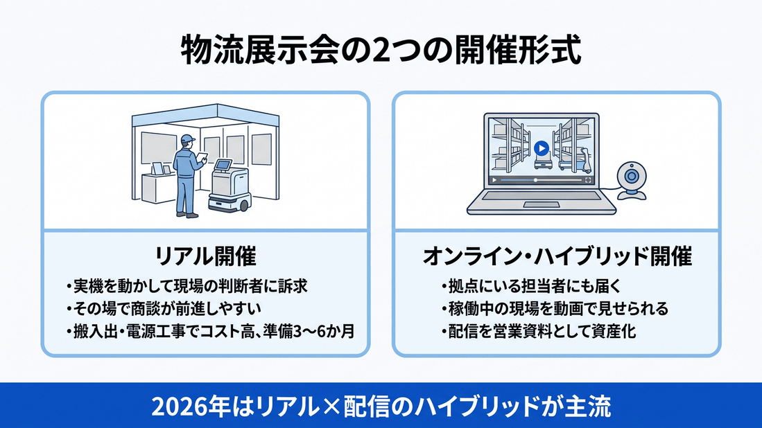 物流展示会の2つの開催形式を比較した図。リアル開催は実機を動かして現場の判断者に訴求でき商談が前進しやすい一方、搬入出や電源工事でコスト高。オンライン・ハイブリッド開催は拠点の担当者にも届き、稼働中の現場を動画で見せて配信を営業資料として資産化できる。