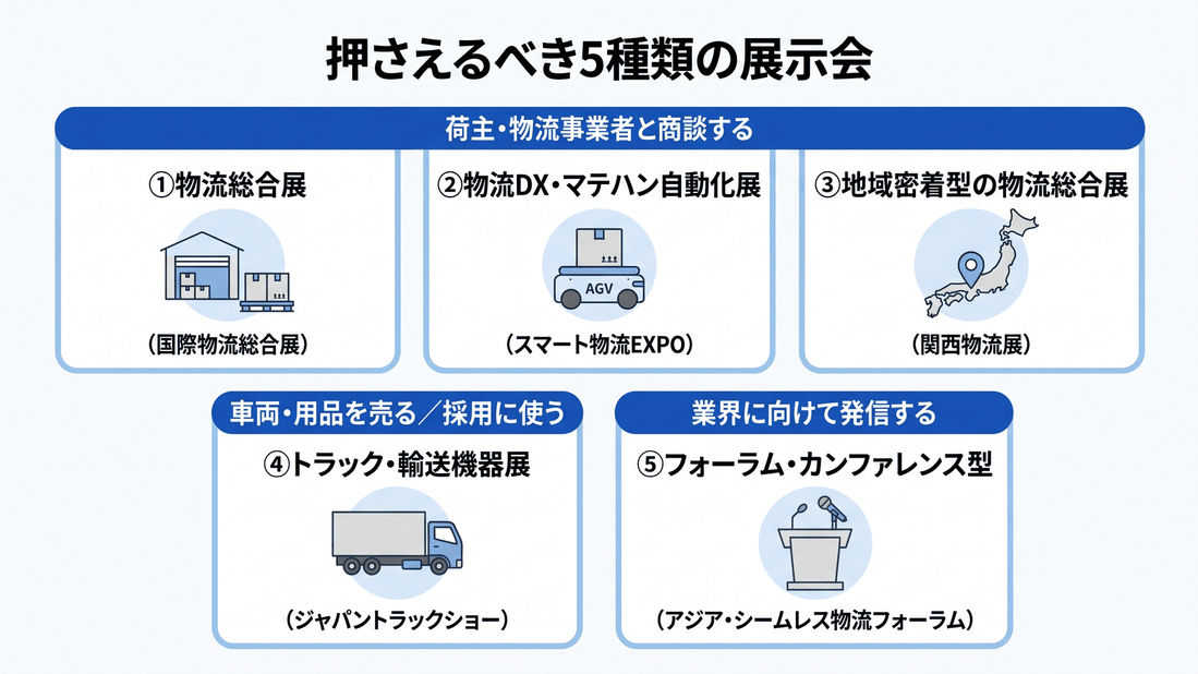 物流業界で押さえるべき5種類の展示会を並べた図。荷主・物流事業者と商談する物流総合展、物流DX・マテハン自動化展、地域密着型の物流総合展の3種類に加え、車両・用品の販売や採用に使うトラック・輸送機器展、業界に発信するフォーラム・カンファレンス型を紹介。