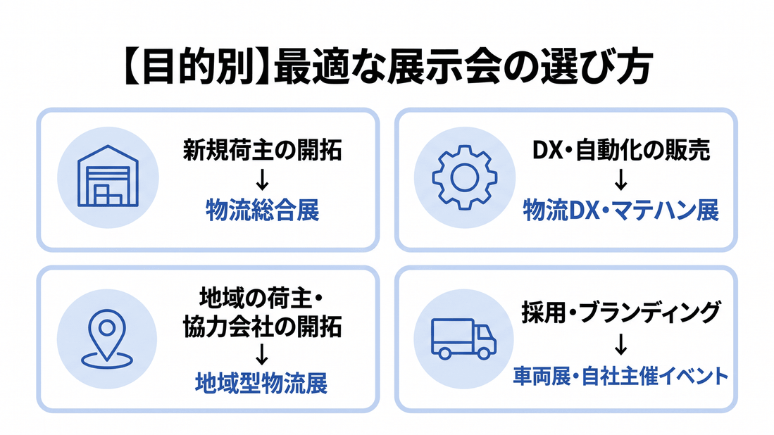 目的別に最適な物流展示会を示した図。新規荷主の開拓には物流総合展、DX・自動化の販売には物流DX・マテハン展、地域の荷主や協力会社の開拓には地域型物流展、採用・ブランディングには車両展や自社主催イベントが適する。