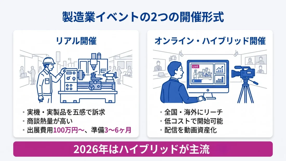 製造業イベントのリアル開催とオンライン・ハイブリッド開催を比較する図解