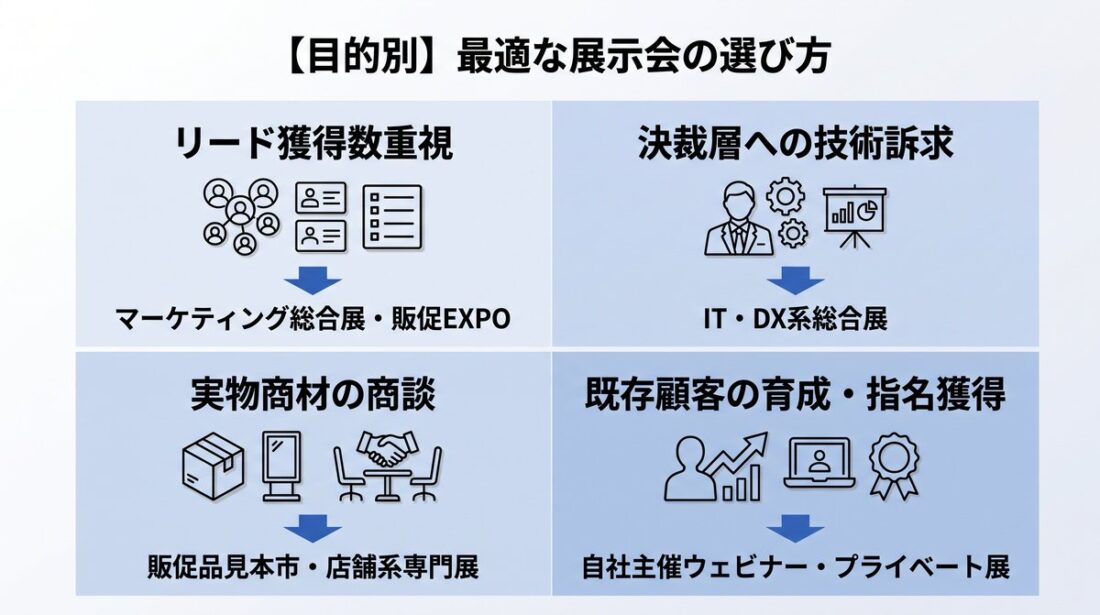 目的別に最適な集客ツール展示会の選び方を示した2×2マトリクス図