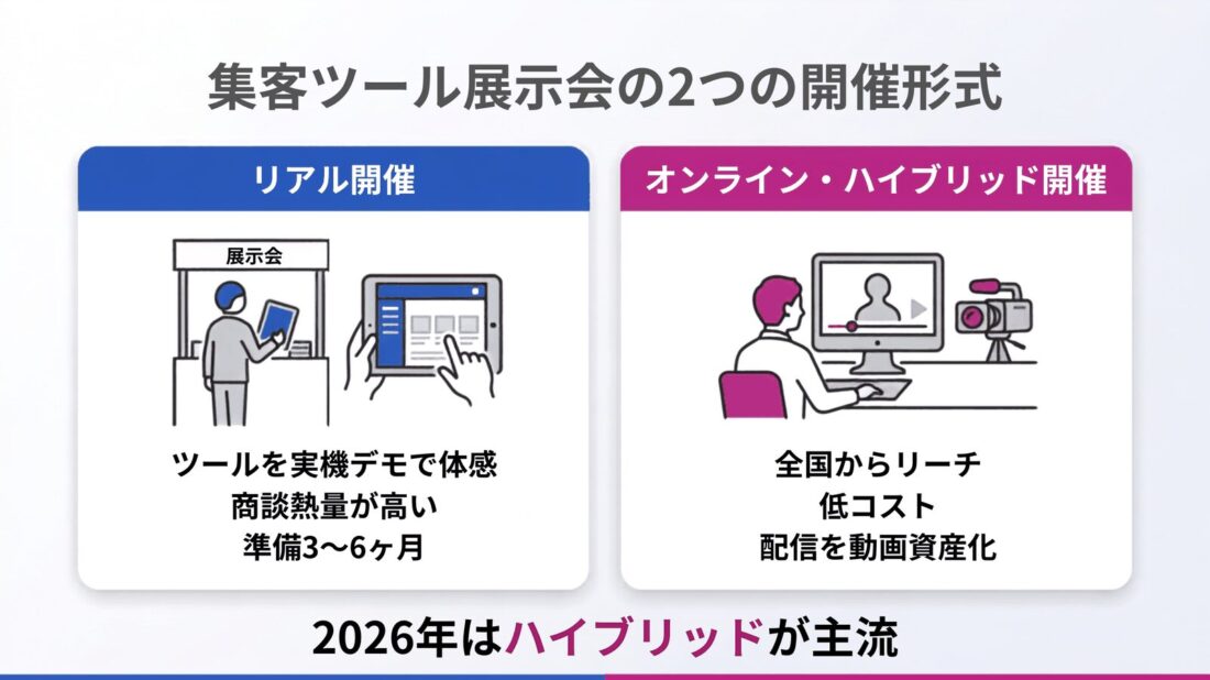 集客ツール業界の展示会の2つの開催形式(リアル開催とオンライン・ハイブリッド開催)を比較した図