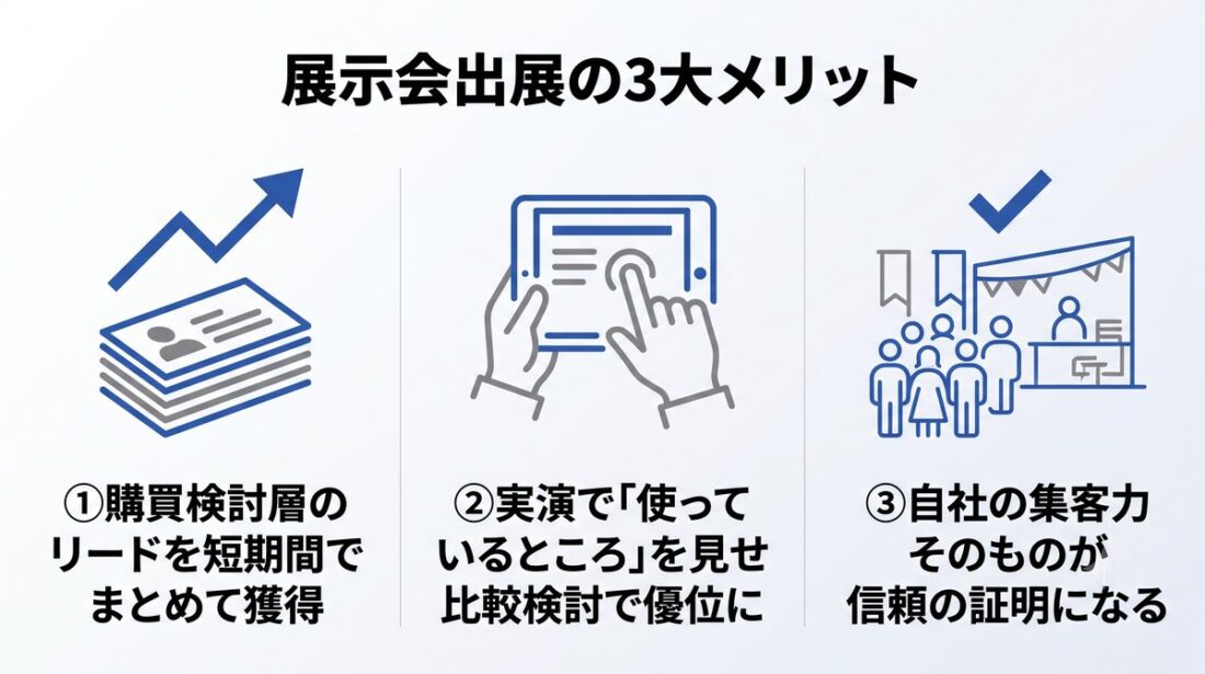 集客ツール業界が展示会に出展する3大メリットを示した図