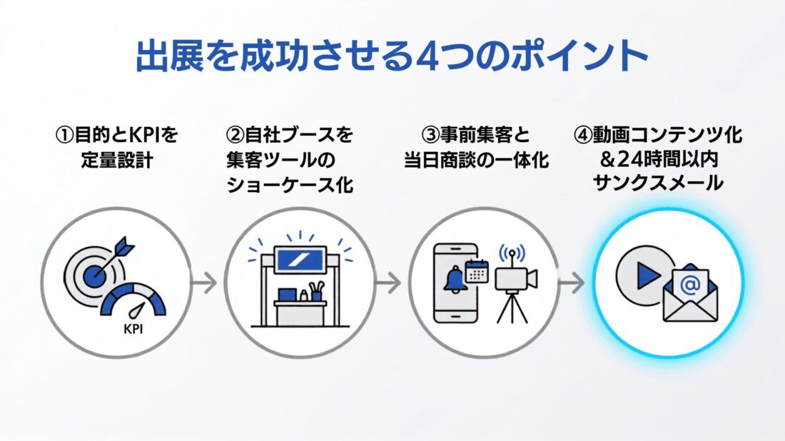 集客ツール業界の展示会出展を成功させる4つの実践ポイントを示した図