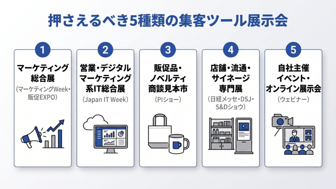 集客ツール業界で押さえるべき5種類の展示会を一覧で示した図