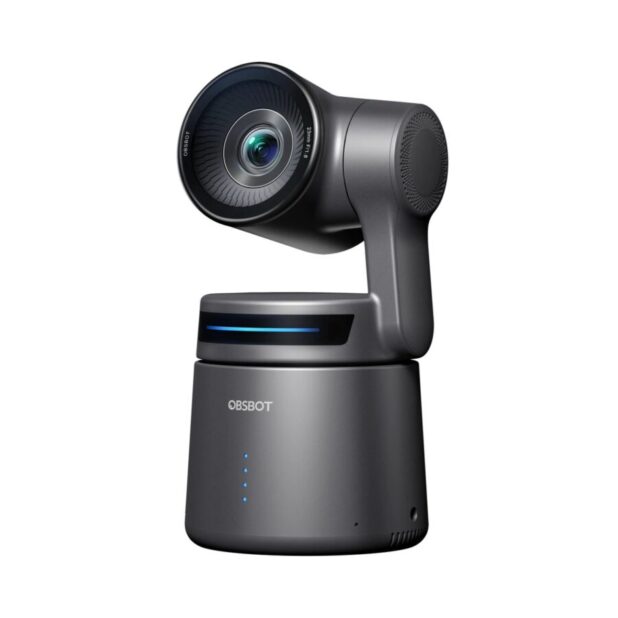 OBSBOTのAI追尾PTZカメラ。23mm F/1.8レンズを搭載し、円柱型の回転ベースに載ったジンバル構造のWebカメラ本体
