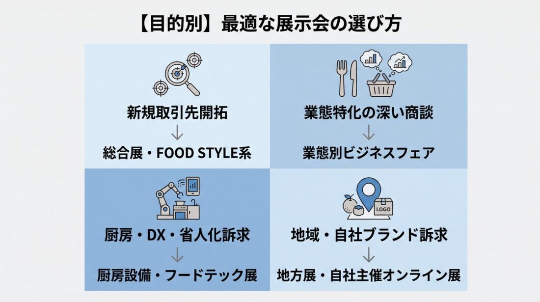 目的別に見るレストラン業界の展示会の選び方4パターン。新規取引先開拓は総合展、業態特化の商談は業態別ビジネスフェア、厨房・省人化訴求は厨房設備・フードテック展、地域・自社ブランド訴求は地方展や自社主催オンライン展