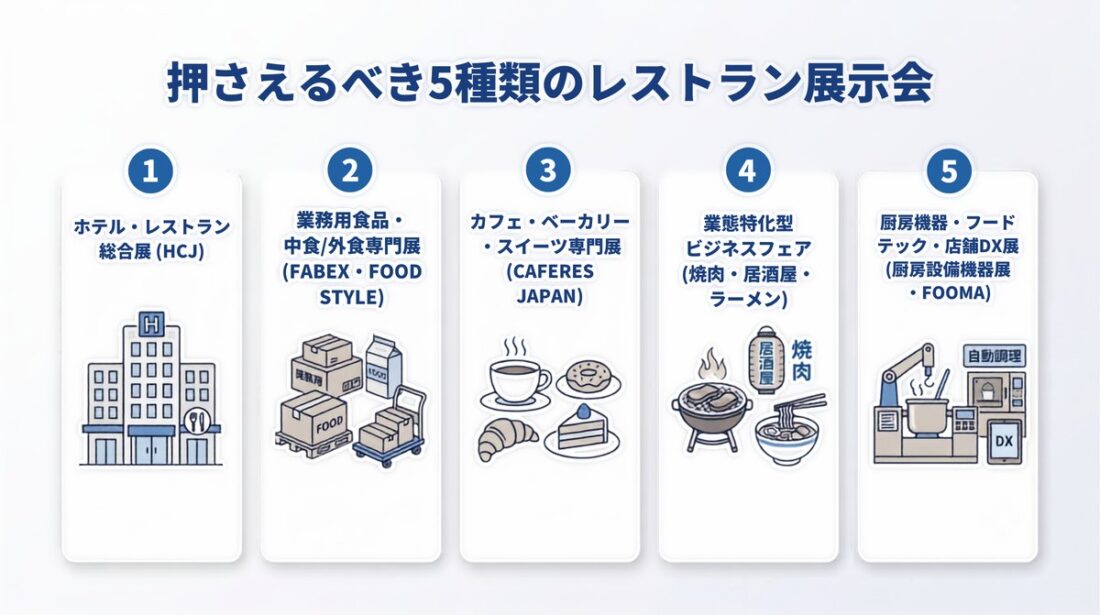 押さえるべき5種類のレストラン展示会の一覧図。ホテル・レストラン総合展、業務用食品・中食/外食専門展、カフェ・ベーカリー・スイーツ専門展、業態特化型ビジネスフェア、厨房機器・フードテック・店舗DX展