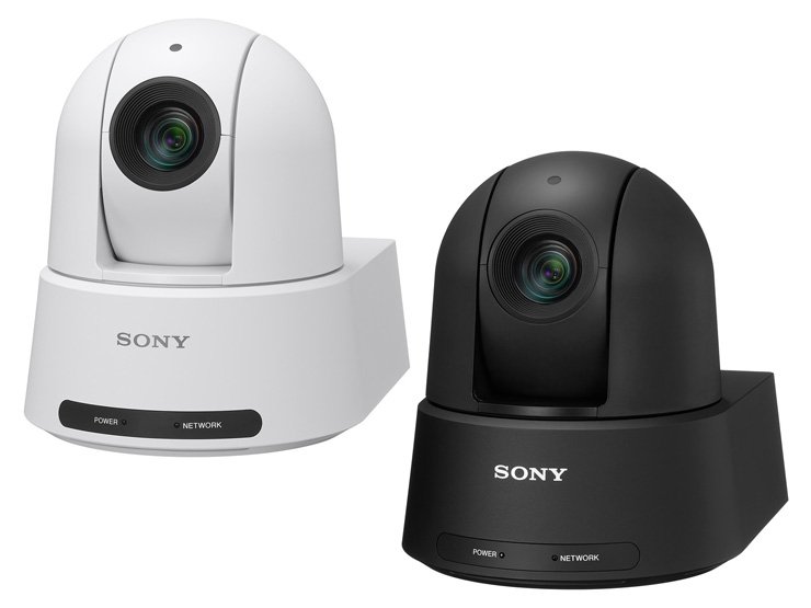 ソニーの4K PTZカメラ SRG-A12。ホワイト（SRG-A12W）とブラック（SRG-A12B）の2色モデルを並べた製品画像